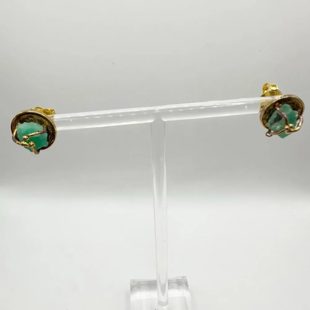 Asian Inspired Green Stone Nugget Pierced Stud Earring Unique Pierced Jewelry